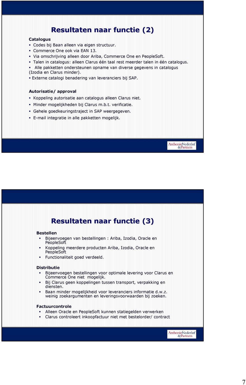 Externe catalogi benadering van leveranciers bij SAP. Autorisatie/ approval Koppeling autorisatie aan catalogus alleen Clarus niet. Minder mogelijkheden bij Clarus m.b.t. verificatie.