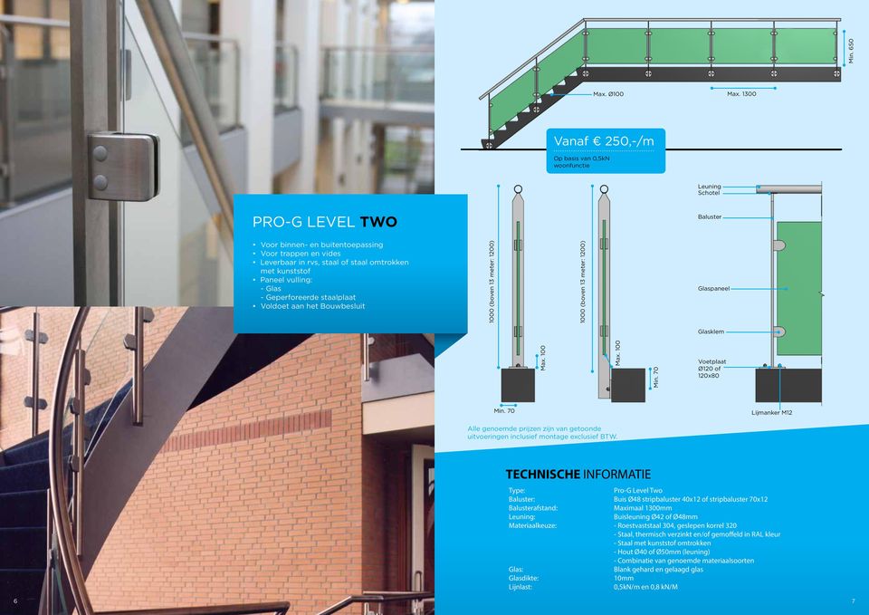 Geperforeerde staalplaat Voldoet aan het Bouwbesluit Glaspaneel Glasklem Ø120 of 120x80 Lijmanker M12 Pro-G Level Two : Buis Ø48 stripbaluster 40x12 of stripbaluster 70x12