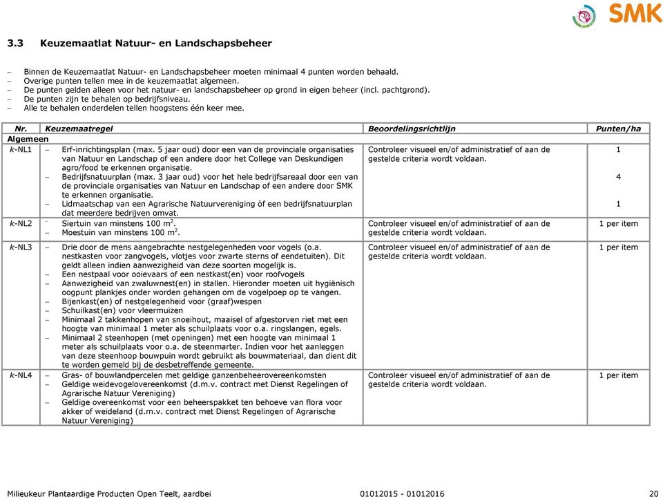 Alle te behalen onderdelen tellen hoogstens één keer mee. Nr. Keuzemaatregel Beoordelingsrichtlijn Punten/ha Algemeen k-nl Erf-inrichtingsplan (max.