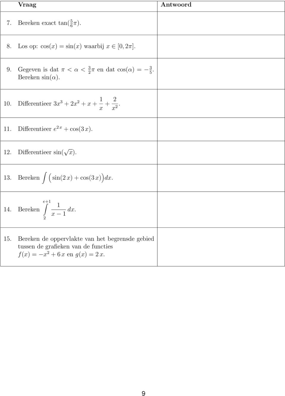 11. Differentieer e 2 x + cos(3 x). 12. Differentieer sin( x). ( ) 13. Bereken sin(2 x) + cos(3 x) dx. 14.