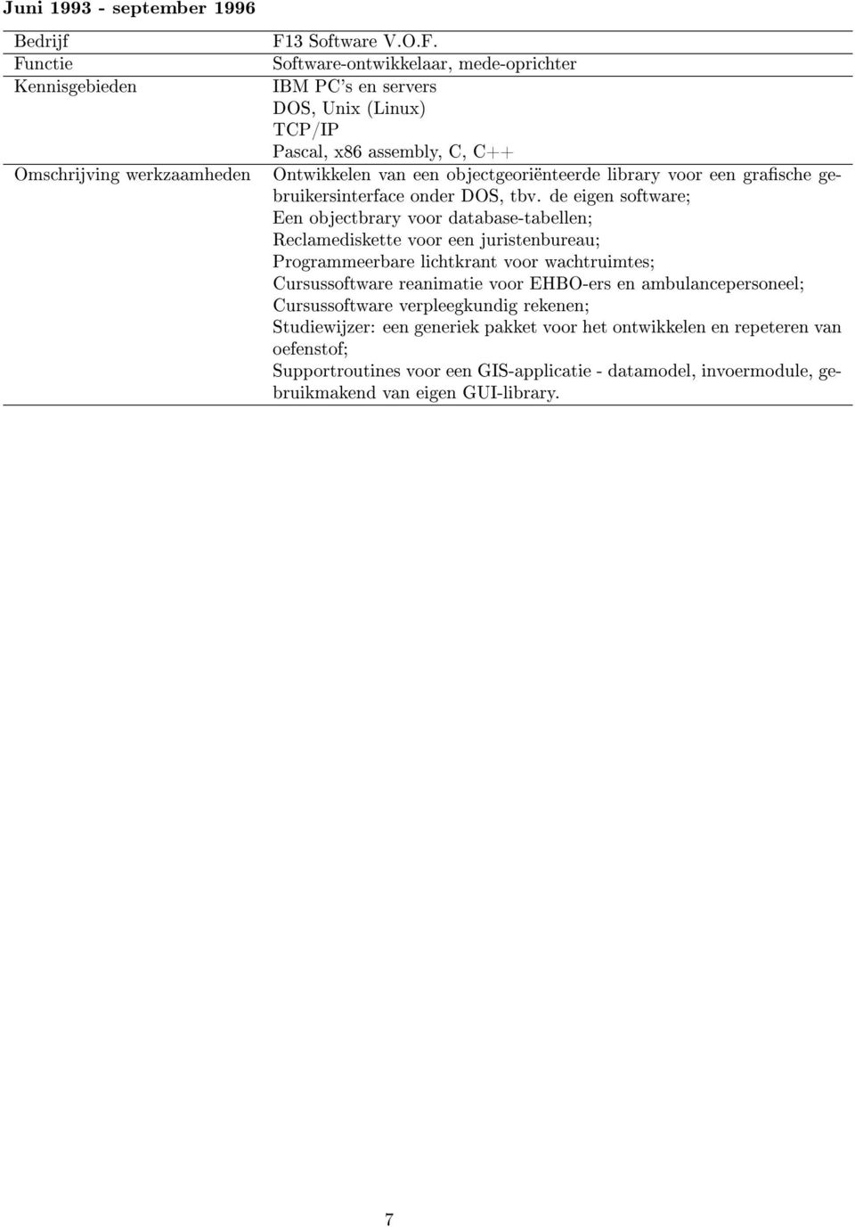 Software-ontwikkelaar, mede-oprichter IBM PC's en servers DOS, Unix (Linux) TCP/IP Pascal, x86 assembly, C, C++ Ontwikkelen van een objectgeoriënteerde library voor een