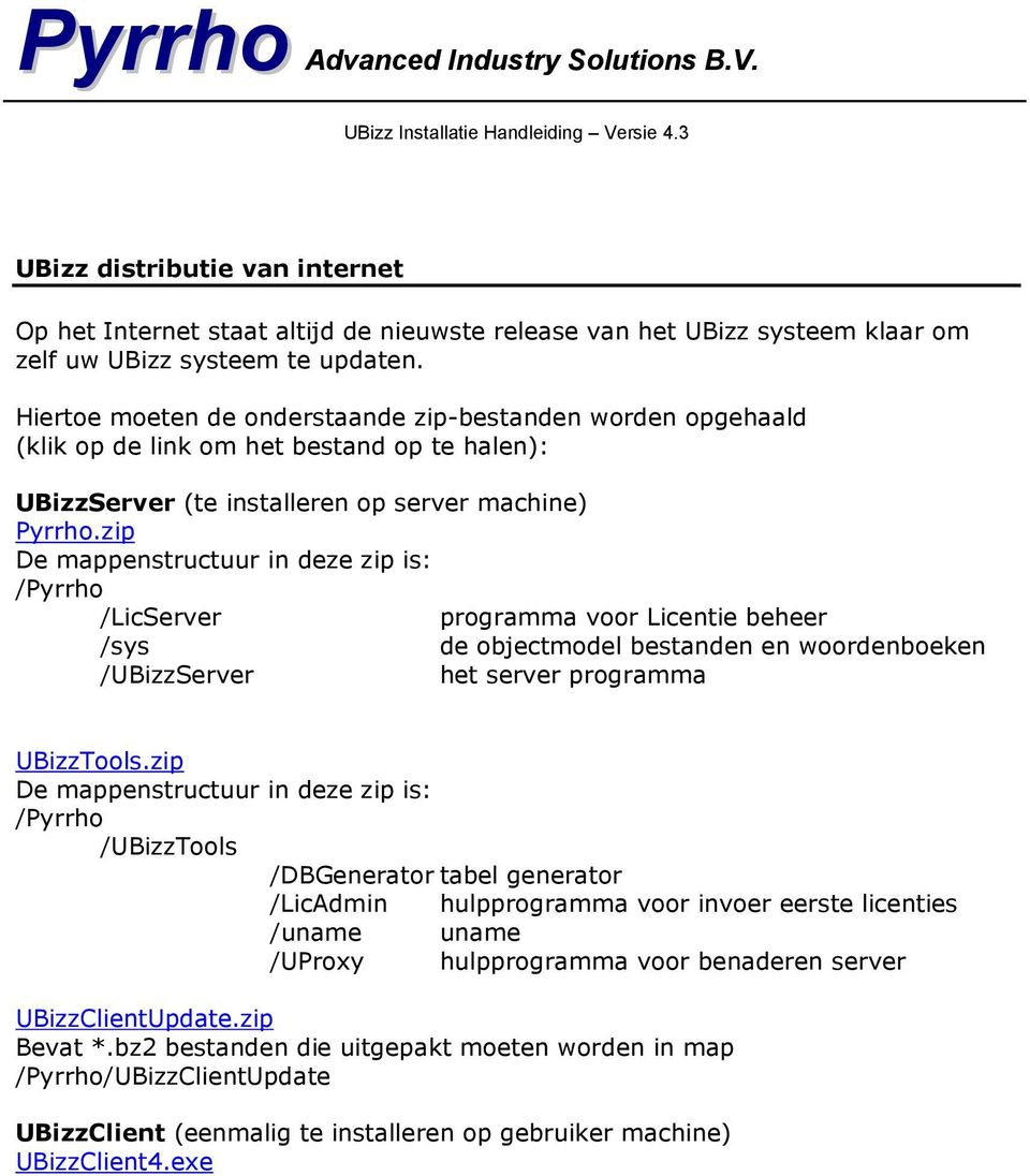 zip De mappenstructuur in deze zip is: /Pyrrho /LicServer programma voor Licentie beheer /sys de objectmodel bestanden en woordenboeken /UBizzServer het server programma UBizzTools.