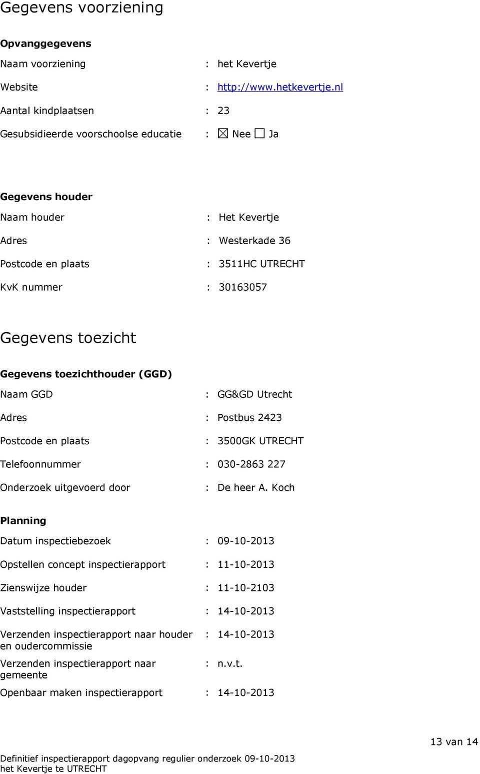 Gegevens toezicht Gegevens toezichthouder (GGD) Naam GGD : GG&GD Utrecht Adres : Postbus 2423 Postcode en plaats : 3500GK UTRECHT Telefoonnummer : 030-2863 227 Onderzoek uitgevoerd door : De heer A.