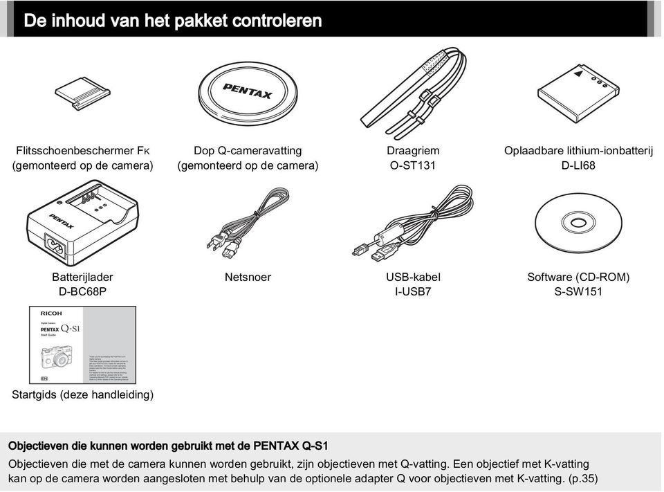 handleiding) Objectieven die kunnen worden gebruikt met de PENTAX Q-S1 Objectieven die met de camera kunnen worden gebruikt, zijn objectieven