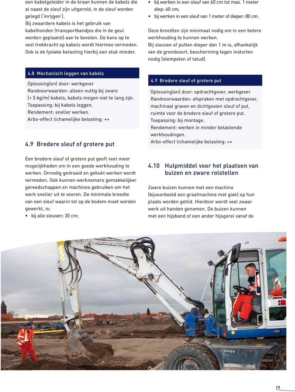 Ook is de fysieke belasting hierbij een stuk minder. bij werken in een sleuf van 60 cm tot max. 1 meter diep: 60 cm; bij werken in een sleuf van 1 meter of dieper: 80 cm.