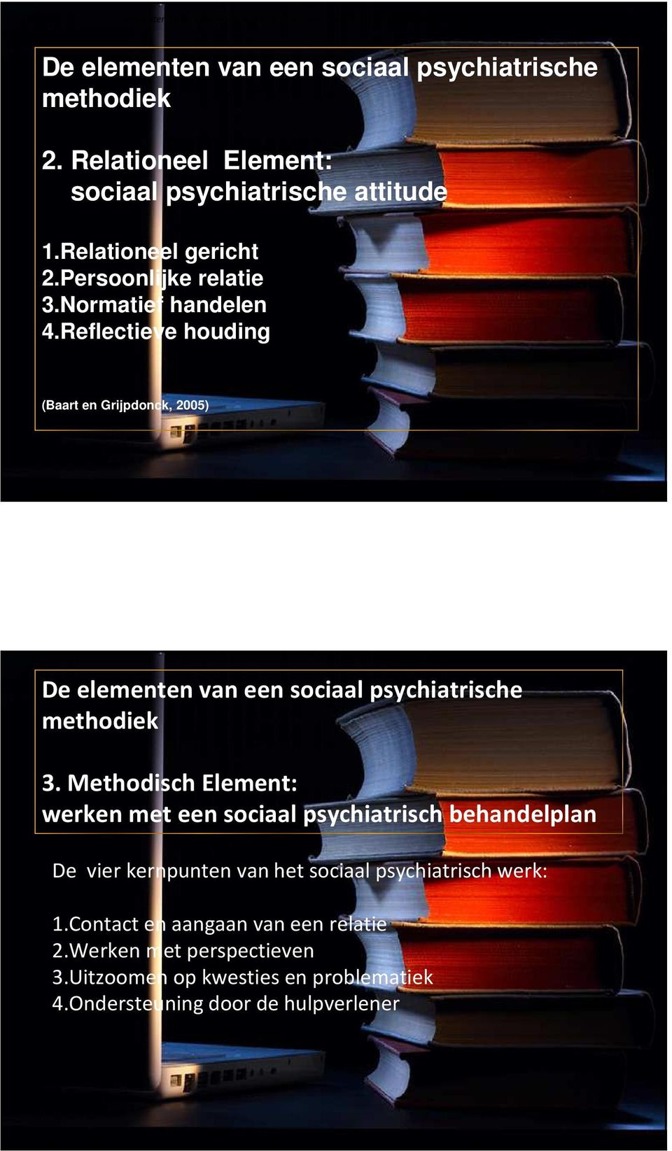 Reflectieve houding (Baart en Grijpdonck, 2005) De elementen van een sociaal psychiatrische methodiek 3.