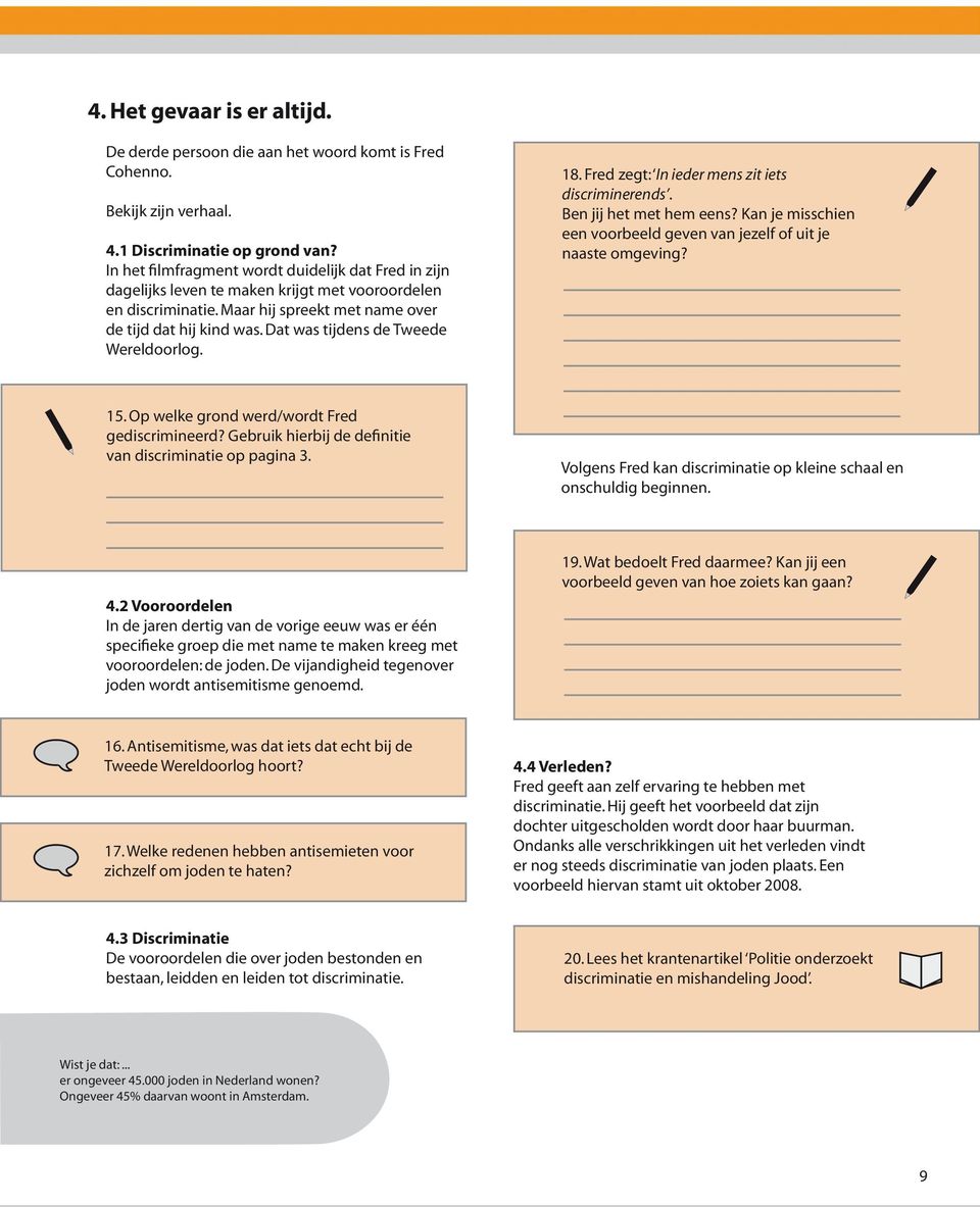 Dat was tijdens de Tweede Wereldoorlog. 18. Fred zegt: In ieder mens zit iets discriminerends. Ben jij het met hem eens? Kan je misschien een voorbeeld geven van jezelf of uit je naaste omgeving? 15.