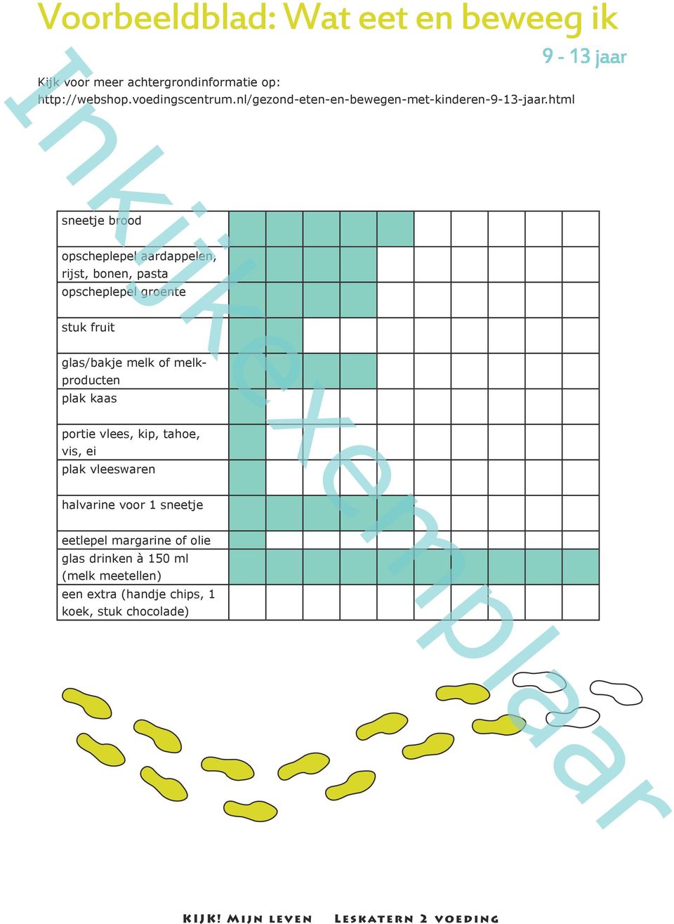 html 9-13 jaar Inkijkexemplaar sneetje brood opscheplepel aardappelen, rijst, bonen, pasta opscheplepel groente stuk fruit glas/bakje