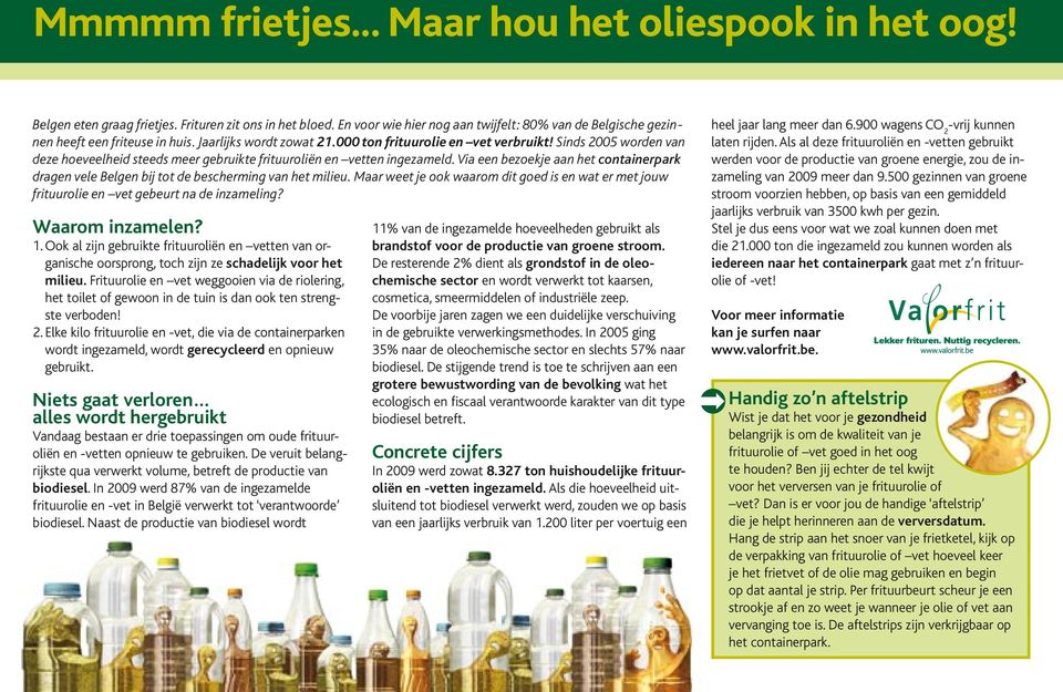 Sinds 2005 worden van deze hoeveelheid steeds meer gebruikte frituuroliën en vetten ingezameld. Via een bezoekje aan het containerpark dragen vele Belgen bij tot de bescherming van het milieu.
