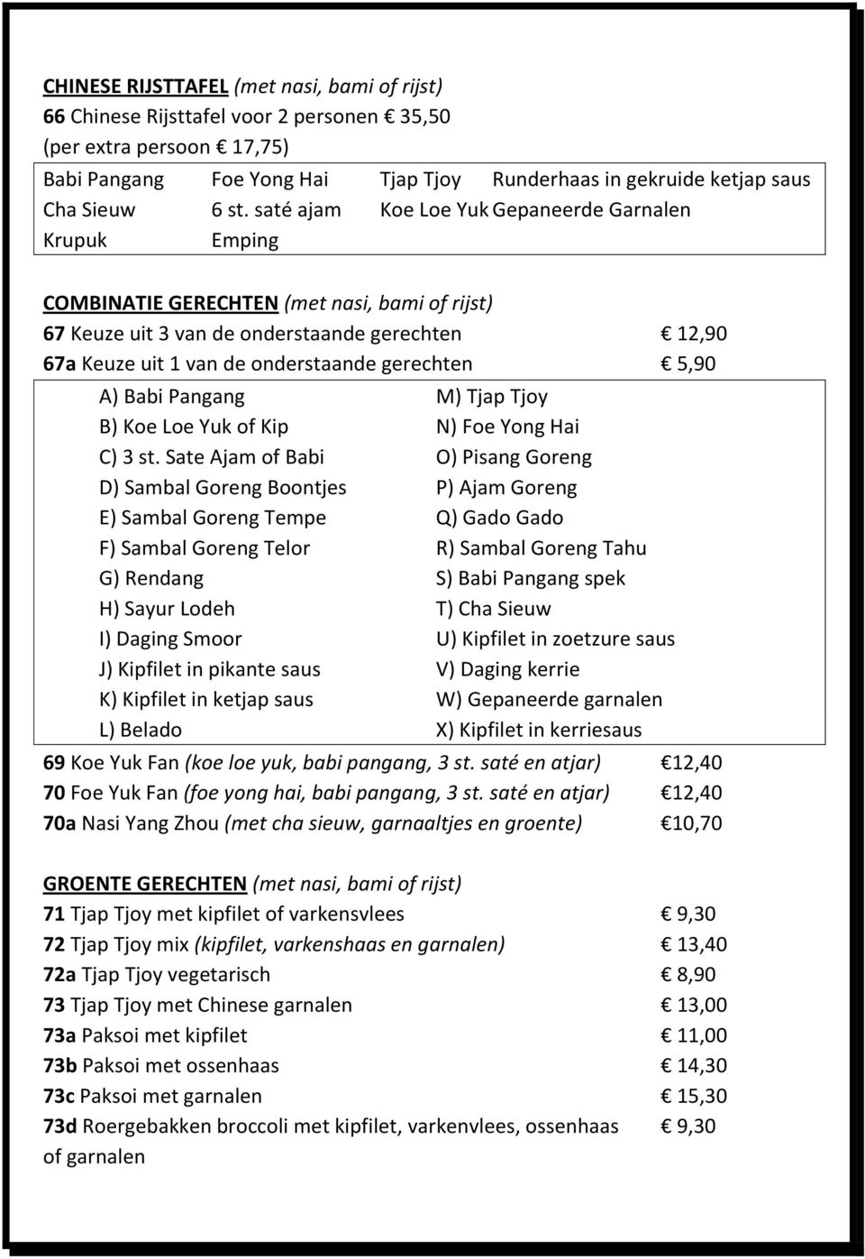 gerechten 5,90 A) Babi Pangang M) Tjap Tjoy B) Koe Loe Yuk of Kip N) Foe Yong Hai C) 3 st.