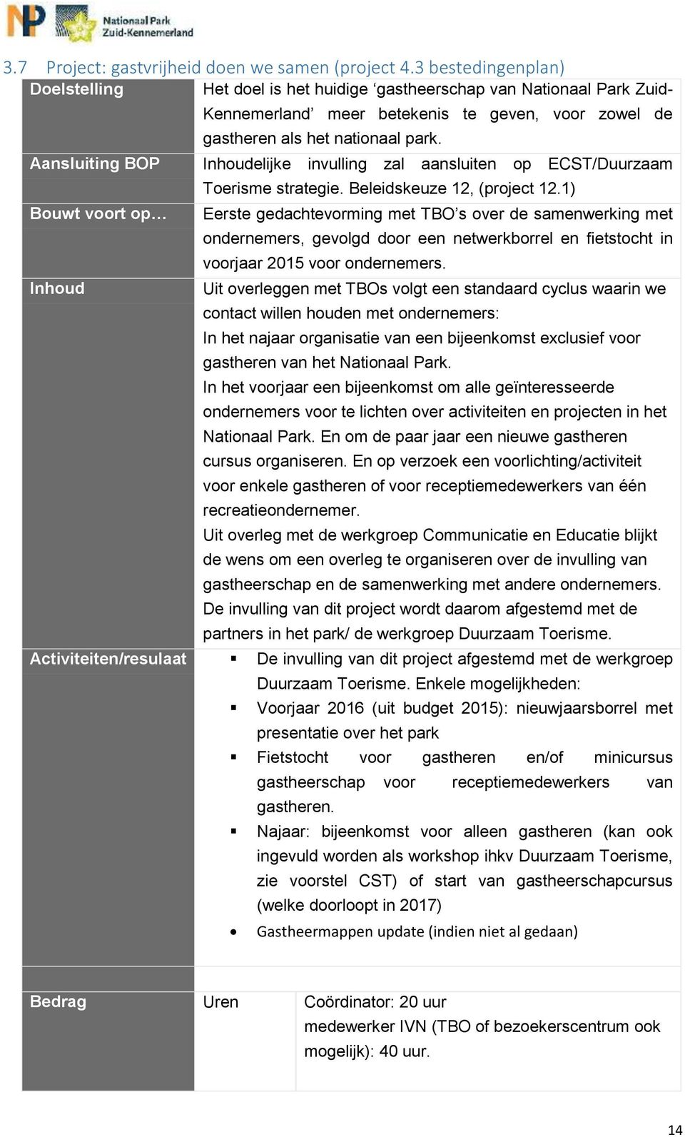 Inhoudelijke invulling zal aansluiten op ECST/Duurzaam Toerisme strategie. Beleidskeuze 12, (project 12.