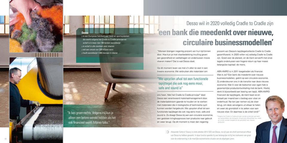 Volgens mij kun je alleen een betere wereld hebben als het ook financieel werkt. Money talks. een bank die meedenkt over nieuwe, Mensen brengen negentig procent van hun tijd binnen door.