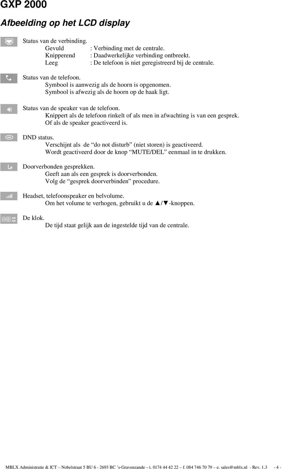 Status van de speaker van de telefoon. Knippert als de telefoon rinkelt of als men in afwachting is van een gesprek. Of als de speaker geactiveerd is. DND status.