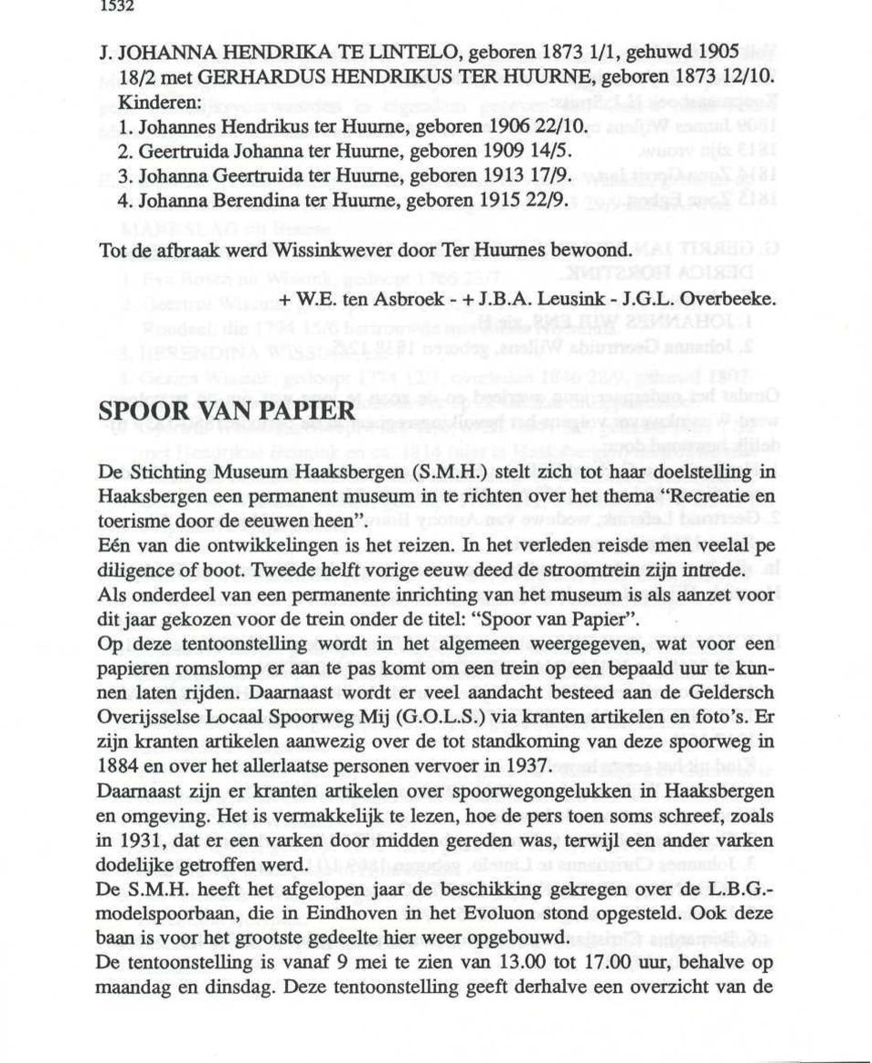 Tot de afbraak werd Wissinkwever door Ter Huurnes bewoond. + W.E. ten Asbroek - + J.B.A. Leusink - J.G.L. Overbeeke. SPOOR VAN PAPIER De Stichting Museum Haaksbergen (S.M.H.) stelt zich tot haar doelstelling in Haaksbergen een permanent museum in te richten over het thema "Recreatie en toerisme door de eeuwen heen".