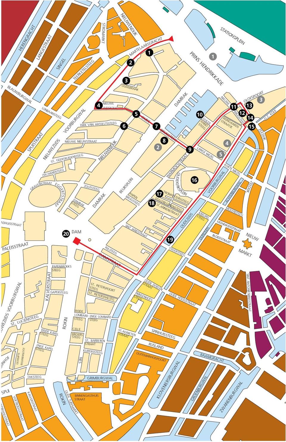 HAND EGGERTSTRAAT DAMRAK 4 ZOUT DAMRAK NIEUWE ZIJDSKOLK DIRK VAN HASSELTS NIEUWENDIJK OUDEBRAAK 6 5 PAPEN BRUG BEURSPLEIN OUDE BRUG 18 7 8 2 17 DAMRAK WARMOESSTRAAT TROMPETTERS DOLLEBEGIJNEN 9 16 11