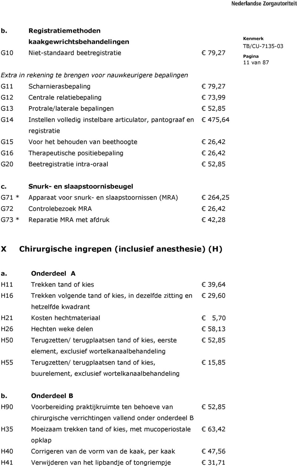 Therapeutische positiebepaling 26,42 G20 Beetregistratie intra-oraal 52,85 c.