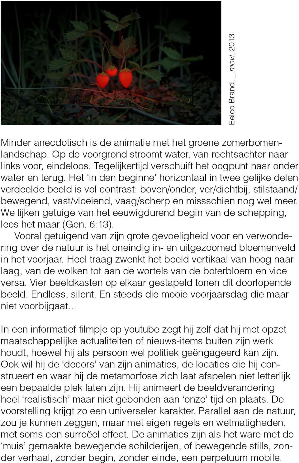 Het in den beginne horizontaal in twee gelijke delen verdeelde beeld is vol contrast: boven/onder, ver/dichtbij, stilstaand/ bewegend, vast/vloeiend, vaag/scherp en missschien nog wel meer.