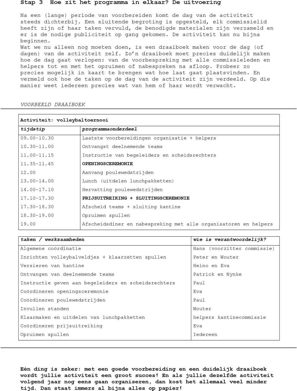 De activiteit kan nu bijna beginnen. Wat we nu alleen nog moeten doen, is een draaiboek maken voor de dag (of dagen) van de activiteit zelf.