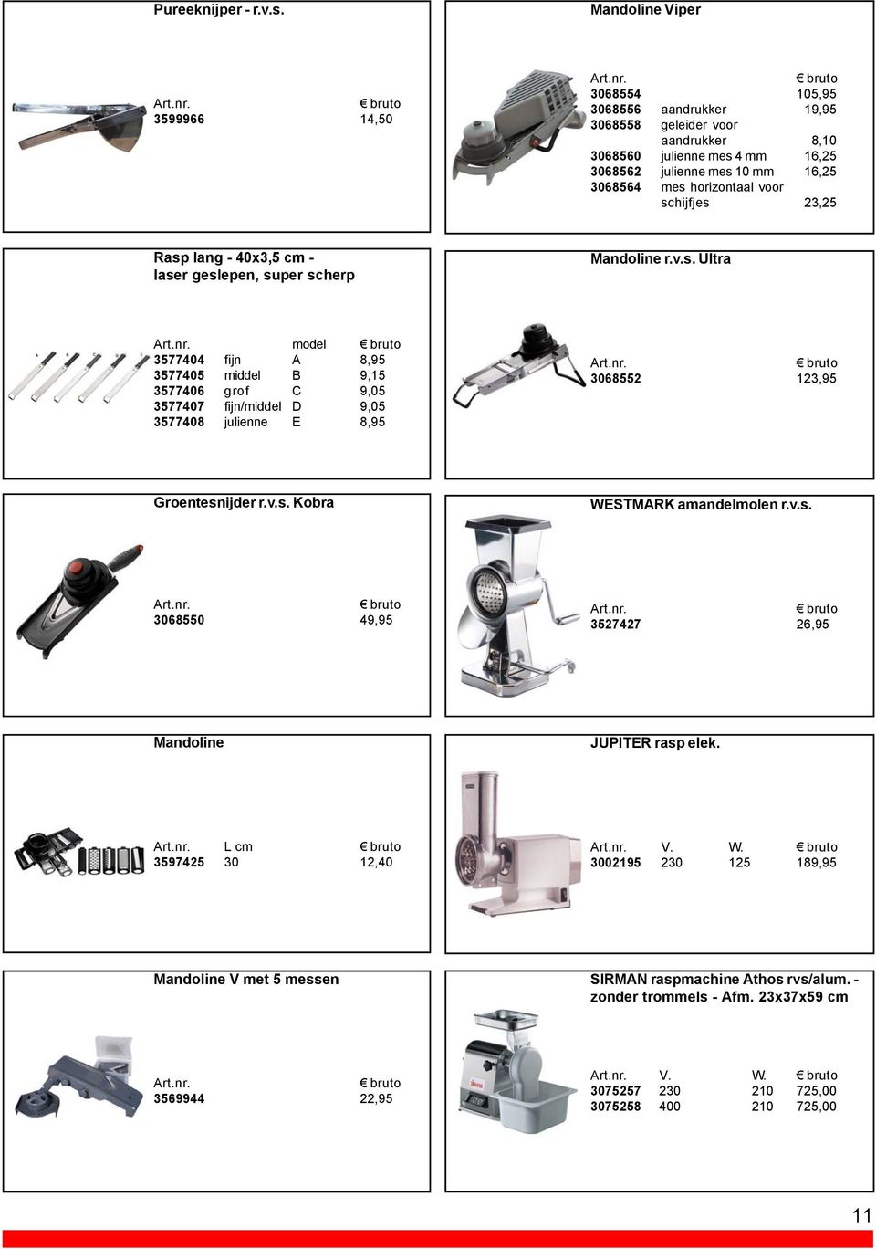 horizontaal voor schijfjes 23,25 Rasp lang - 40x3,5 cm - laser geslepen, super scherp Mandoline r.v.s. Ultra model 3577404 fijn A 8,95 3577405 middel B 9,15 3577406 grof C 9,05 3577407 fijn/middel D 9,05 3577408 julienne E 8,95 3068552 123,95 Groentesnijder r.