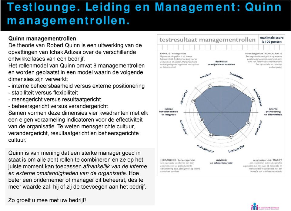 Het rollenmodel van Quinn omvat 8 managementrollen en worden geplaatst in een model waarin de volgende dimensies zijn verwerkt: - interne beheersbaarheid versus externe positionering - stabiliteit