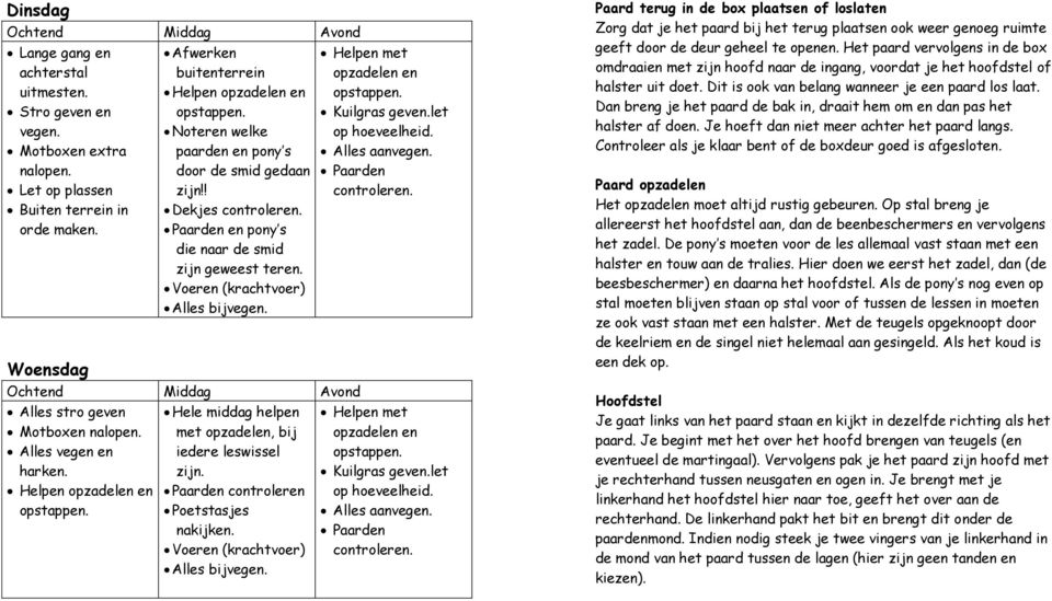 Hele middag helpen met opzadelen, bij iedere leswissel zijn. controleren Poetstasjes nakijken.