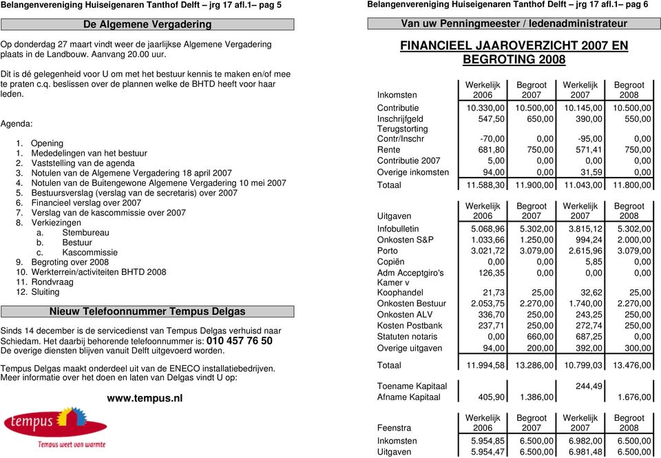 Mededelingen van het bestuur 2. Vaststelling van de agenda 3. Notulen van de Algemene Vergadering 18 april 2007 4. Notulen van de Buitengewone Algemene Vergadering 10 mei 2007 5.