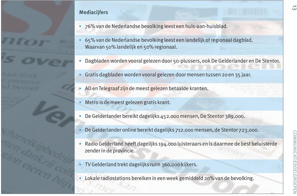 AD en Telegraaf zijn de meest gelezen betaalde kranten. Metro is de meest gelezen gratis krant. De Gelderlander bereikt dagelijks 452.000 mensen, De Stentor 389.000. De Gelderlander online bereikt dagelijks 712.