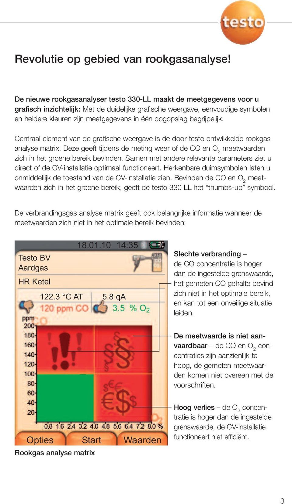 oogopslag begrijpelijk. Centraal element van de grafische weergave is de door testo ontwikkelde rookgas analyse matrix.