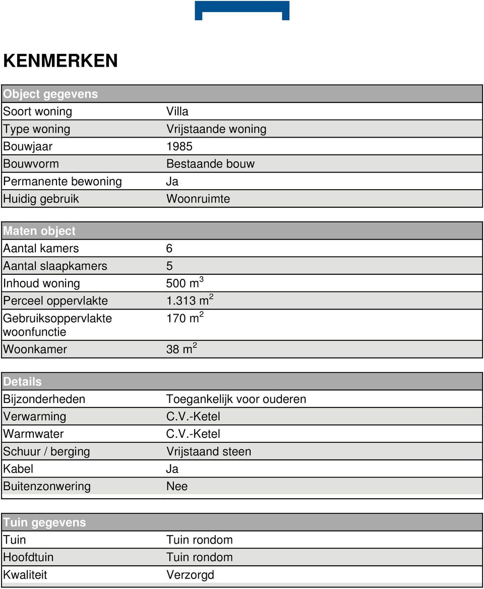 313 m 2 Gebruiksoppervlakte 170 m 2 woonfunctie Woonkamer 38 m 2 Details Bijzonderheden Verwarming Warmwater Schuur / berging Kabel