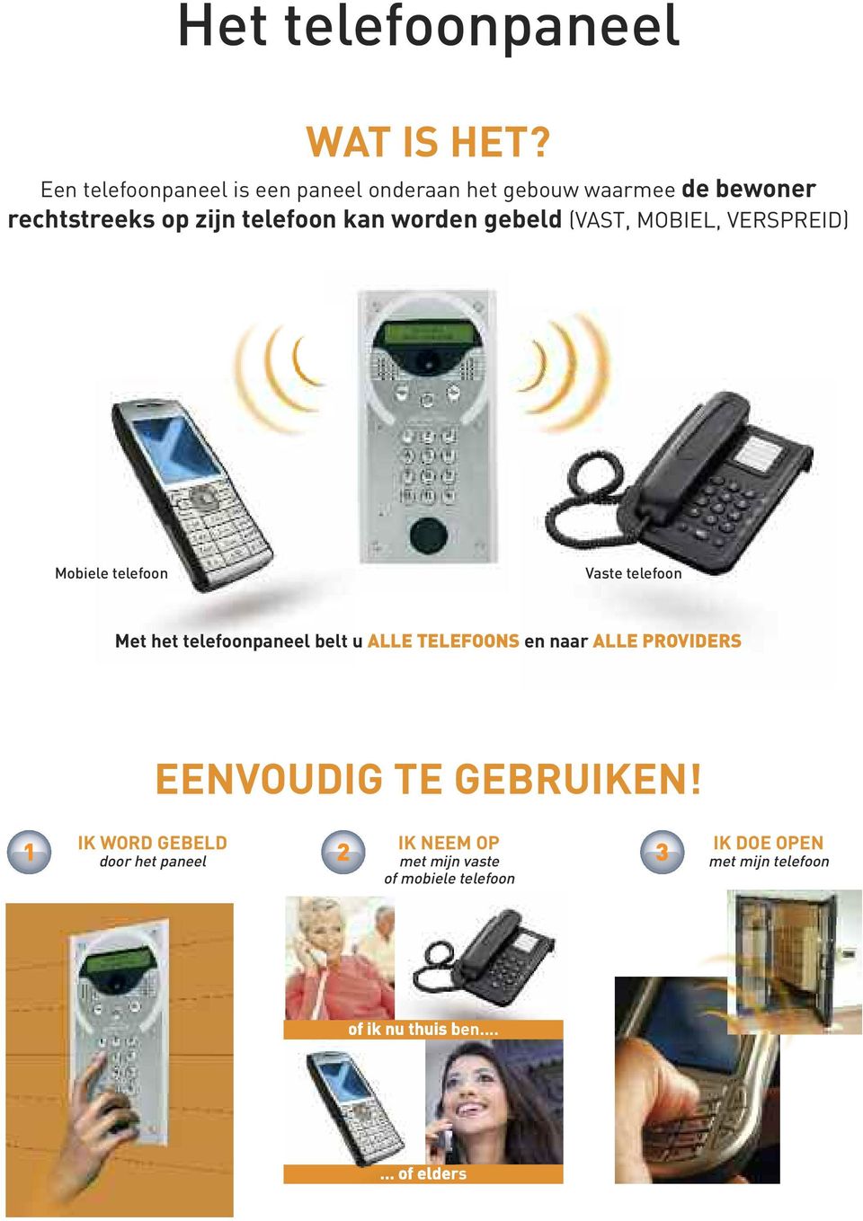 worden gebeld (VAST, MOBIEL, VERSPREID) Mobiele telefoon Vaste telefoon Met het telefoonpaneel belt u ALLE