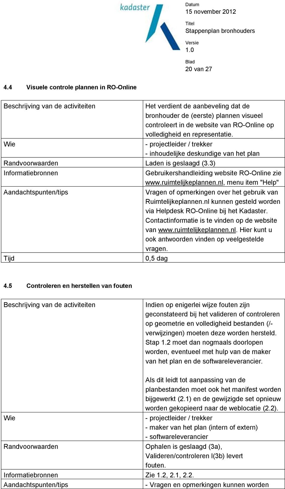 nl, menu item "Help" Vragen of opmerkingen over het gebruik van Ruimtelijkeplannen.nl kunnen gesteld worden via Helpdesk RO-Online bij het Kadaster.
