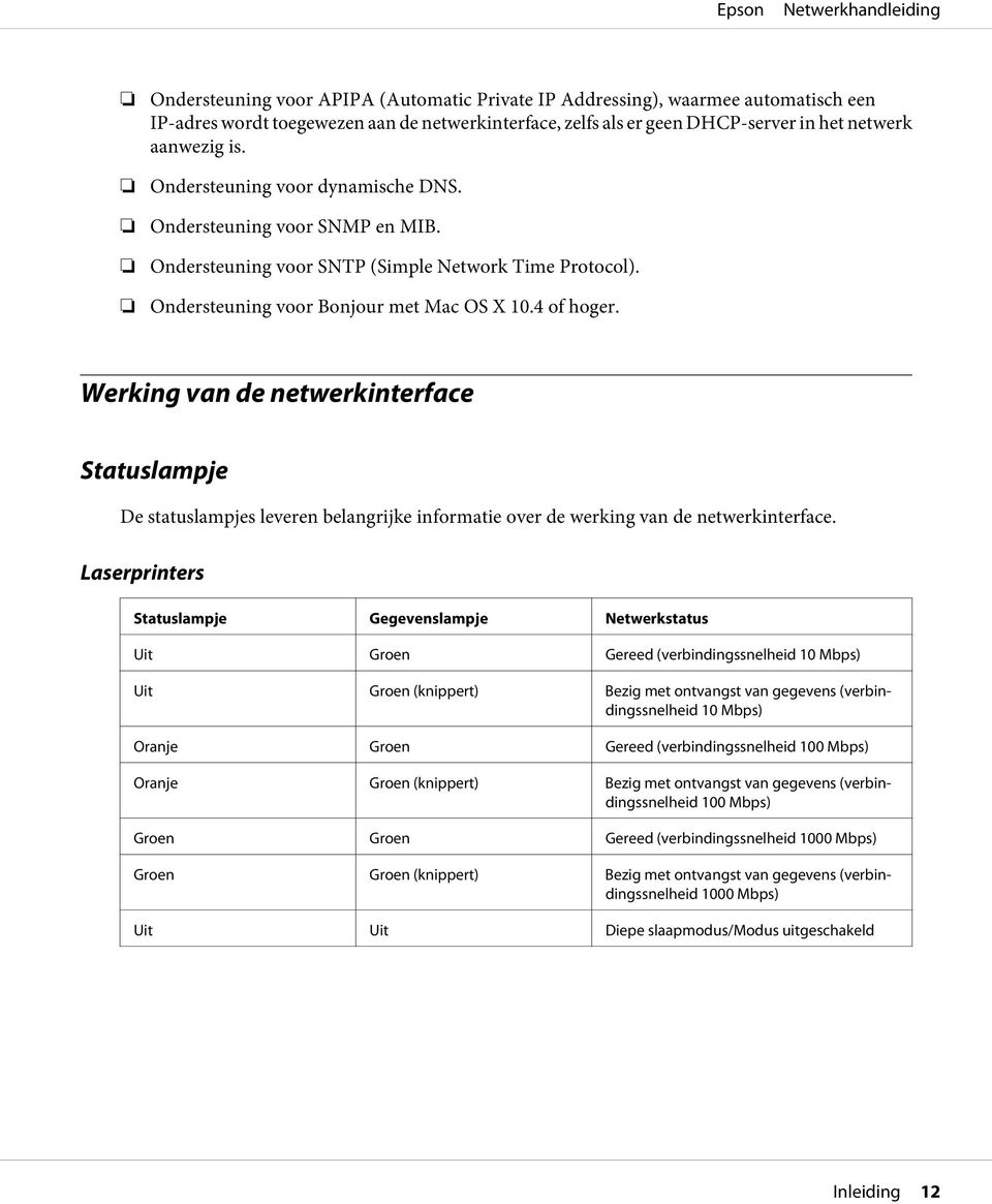 Werking van de netwerkinterface Statuslampje De statuslampjes leveren belangrijke informatie over de werking van de netwerkinterface.