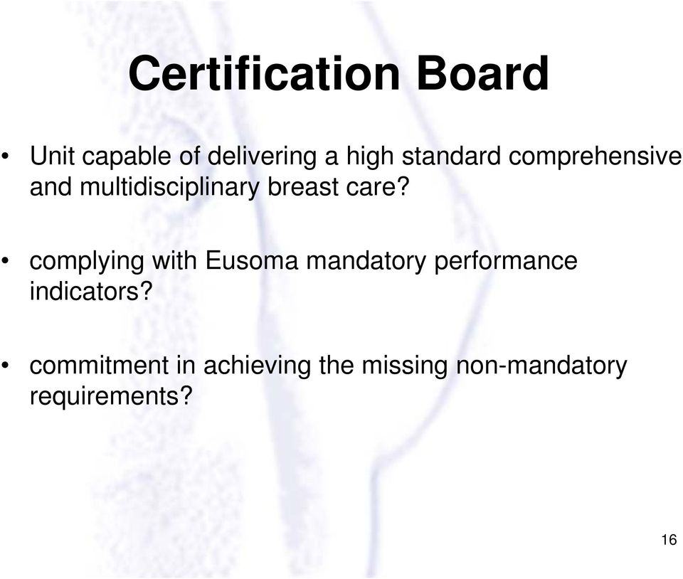 complying with Eusoma mandatory performance indicators?