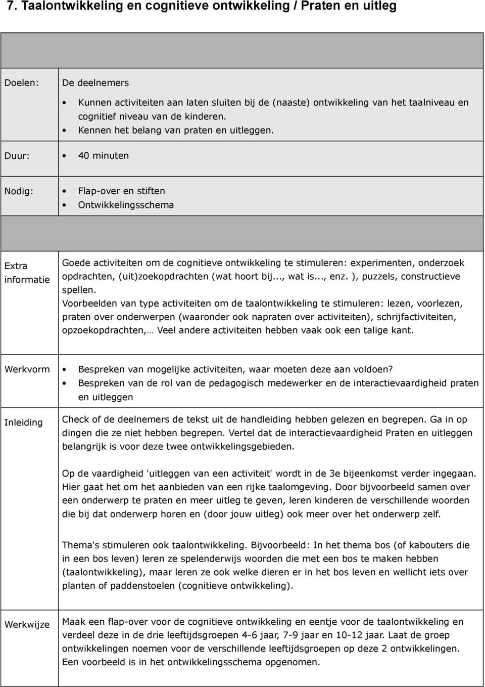 Duur: 40 minuten Nodig: Flap-over en stiften Ontwikkelingsschema Extra informatie Goede activiteiten om de cognitieve ontwikkeling te stimuleren: experimenten, onderzoek opdrachten,