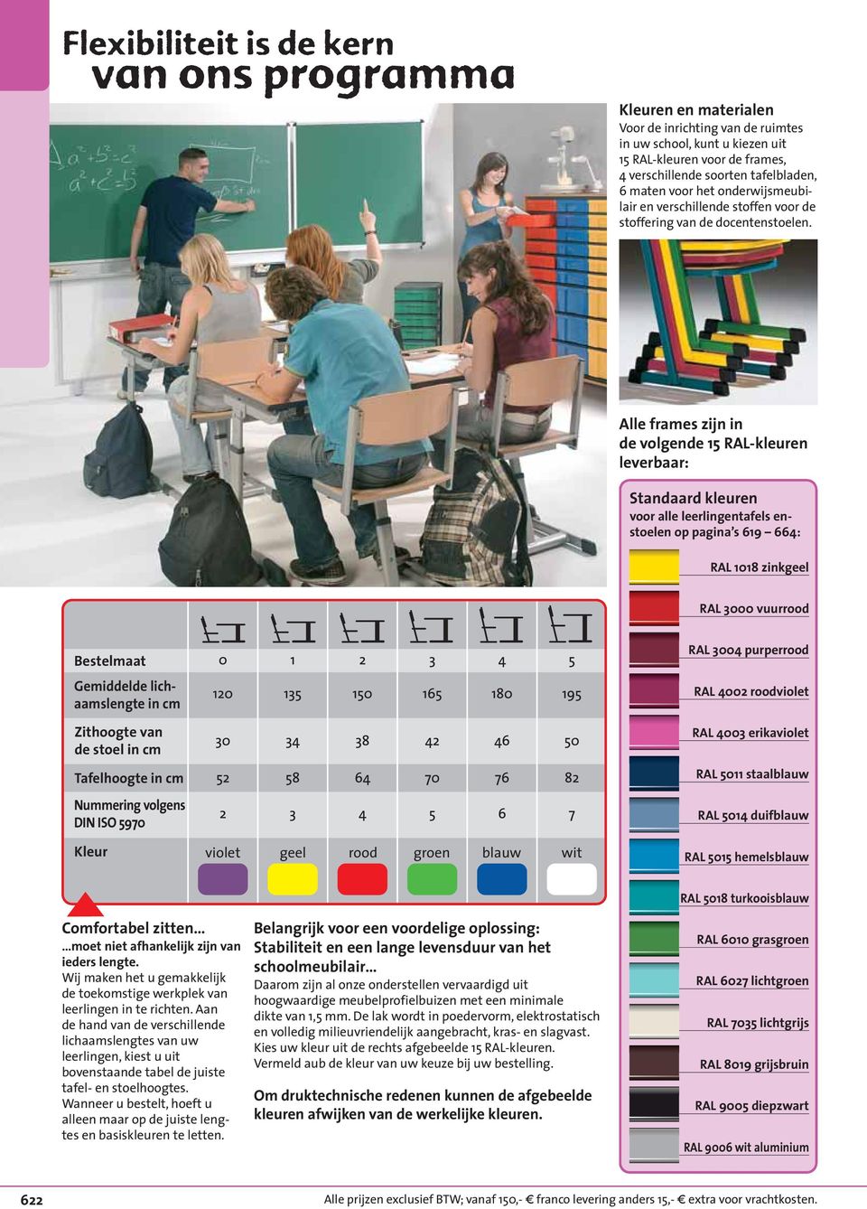 Alle frames zijn in de volgende 15 RAL-kleuren leverbaar: Standaard kleuren voor alle leerlingentafels enstoelen op pagina s 619 664: RAL 1018 zinkgeel RAL 3000 vuurrood Bestelmaat Gemiddelde