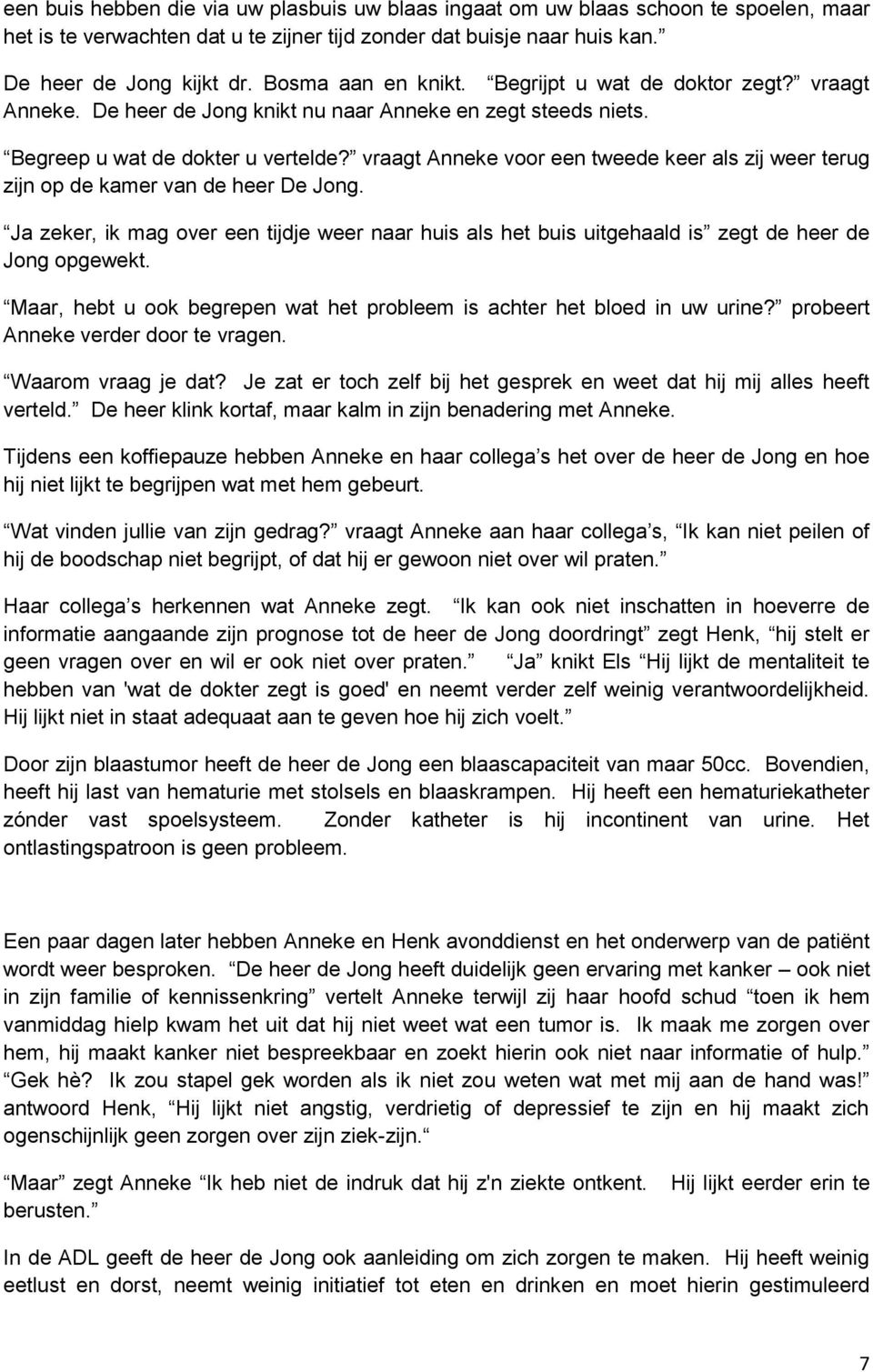 vraagt Anneke voor een tweede keer als zij weer terug zijn op de kamer van de heer De Jong. Ja zeker, ik mag over een tijdje weer naar huis als het buis uitgehaald is zegt de heer de Jong opgewekt.