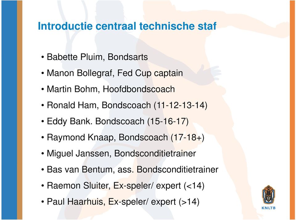Bondscoach (15-16-17) Raymond Knaap, Bondscoach (17-18+) Miguel Janssen, Bondsconditietrainer