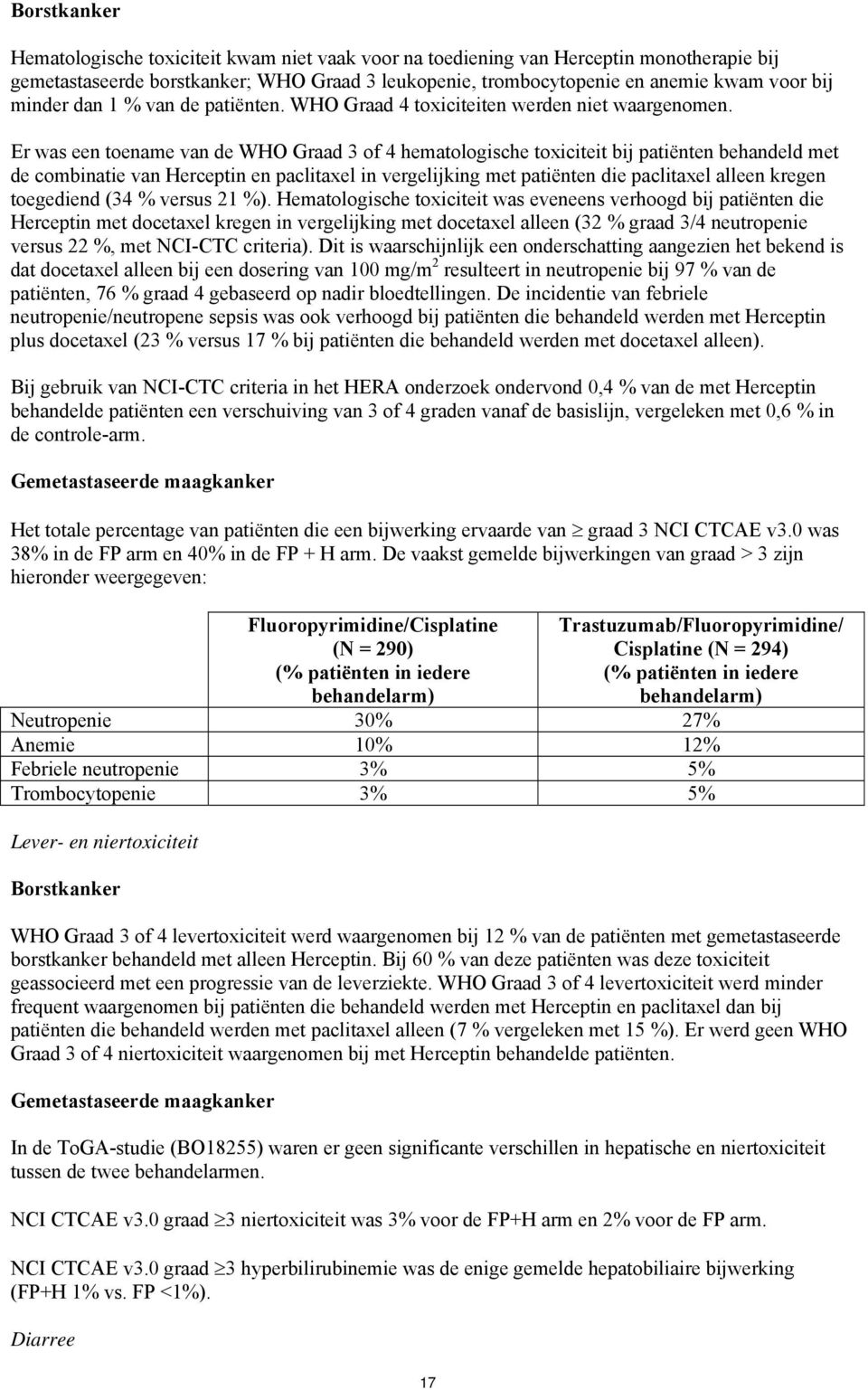 Er was een toename van de WHO Graad 3 of 4 hematologische toxiciteit bij patiënten behandeld met de combinatie van Herceptin en paclitaxel in vergelijking met patiënten die paclitaxel alleen kregen