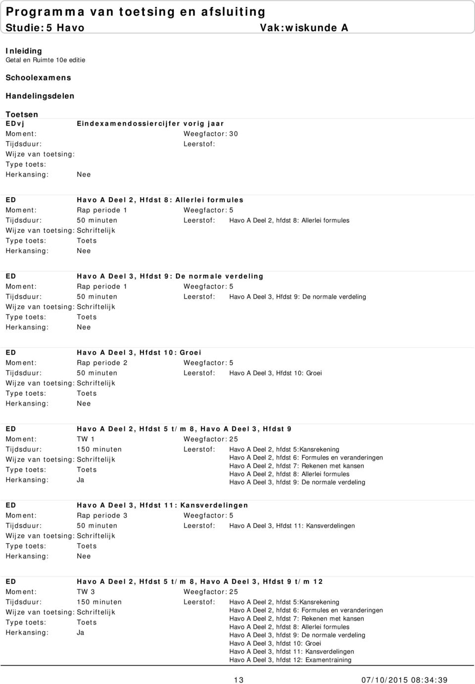 t/m 8, Havo A Deel 3, Hfdst 9 TW 1 150 minuten Toets Ja Weegfactor: 25 Havo A Deel 2, hfdst 5:Kansrekening Havo A Deel 2, hfdst 6: Formules en veranderingen Havo A Deel 2, hfdst 7: Rekenen met kansen