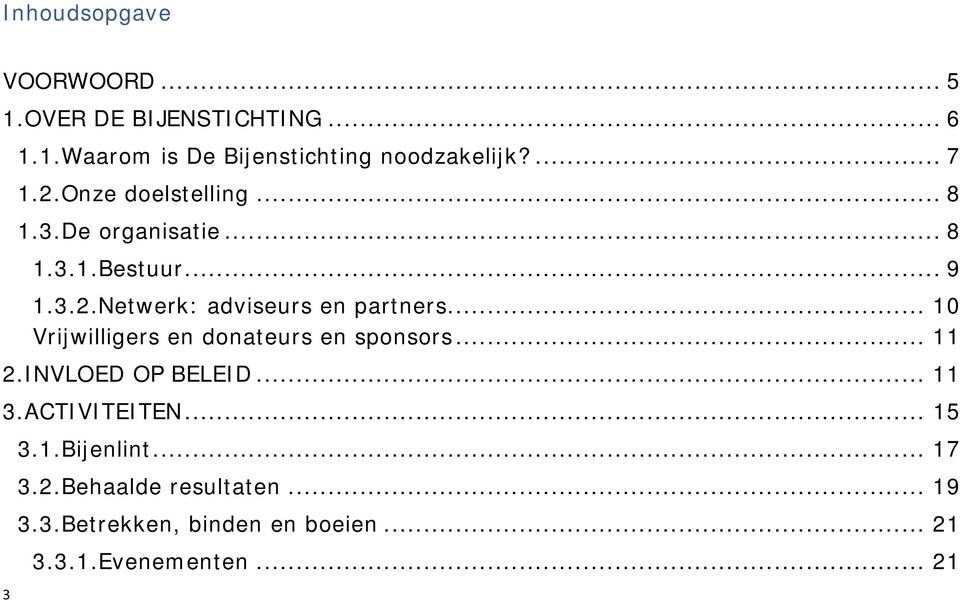 .. 10 Vrijwilligers en donateurs en sponsors... 11 2.INVLOED OP BELEID... 11 3.ACTIVITEITEN... 15 3 3.1.Bijenlint.