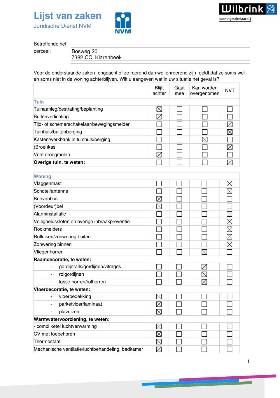 Blijft achter Gaat mee Kan worden overgenomen NVT Tuin Tuinaanleg/bestrating/beplanting Buitenverlichting Tijd- of schemerschakelaar/bewegingsmelder Tuinhuis/buitenberging Kasten/werkbank in