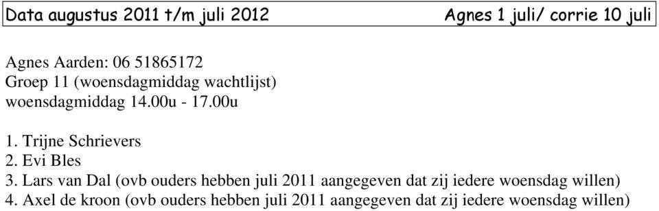 Lars van Dal (ovb ouders hebben juli 2011 aangegeven dat zij iedere woensdag