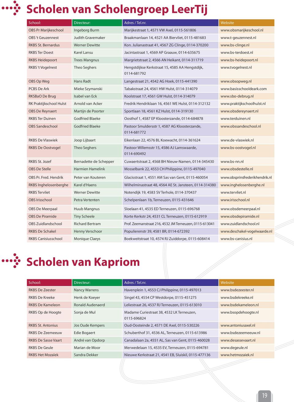 bs-clinge.nl RKBS Ter Doest Karel Lansu Jacintastraat 1, 4569 AP Graauw, 0114-635675 www.bs-terdoest.nl RKBS Heidepoort Trees Mangnus Margrietstraat 2, 4566 AN Heikant, 0114-311719 www.bs-heidepoort.