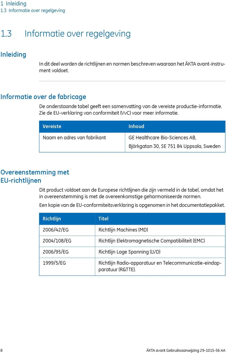 Vereiste Naam en adres van fabrikant Inhoud GE Healthcare Bio-Sciences AB, Björkgatan 30, SE 751 84 Uppsala, Sweden Overeenstemming met EU-richtlijnen Dit product voldoet aan de Europese richtlijnen