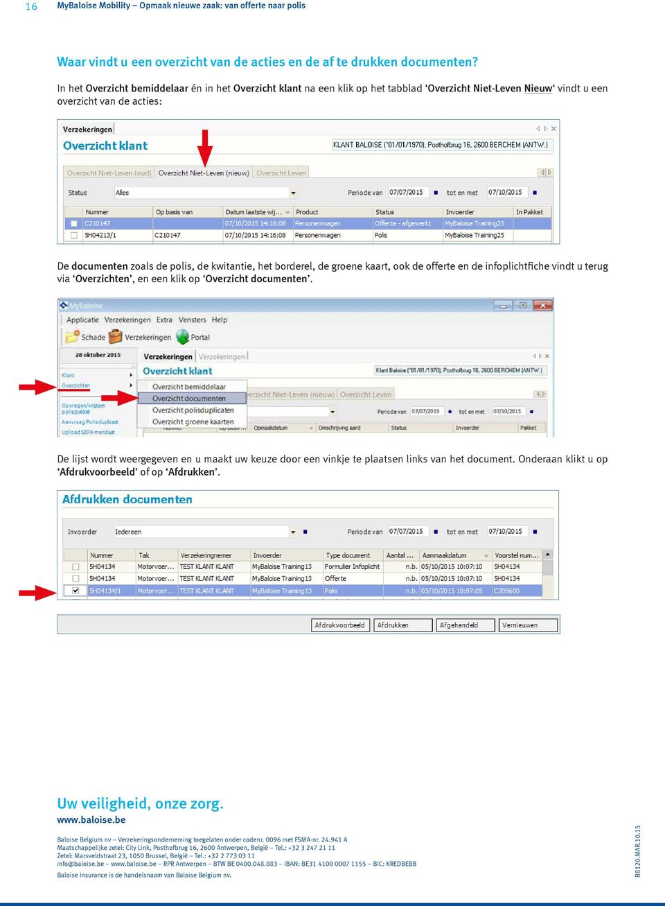 borderel, de groene kaart, ook de offerte en de infoplichtfiche vindt u terug via Overzichten, en een klik op Overzicht documenten.