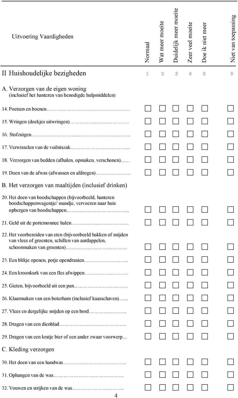 Het doen van boodschappen (bijvoorbeeld, hanteren boodschappenwagentje/ mandje, vervoeren naar huis opbergen van boodschappen.. 21. Geld uit de portemonnee halen.. 22.