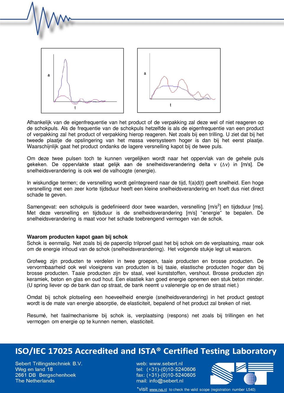 U ziet dat bij het tweede plaatje de opslingering van het massa veersysteem hoger is dan bij het eerst plaatje. Waarschijnlijk gaat het product ondanks de lagere versnelling kapot bij de twee puls.