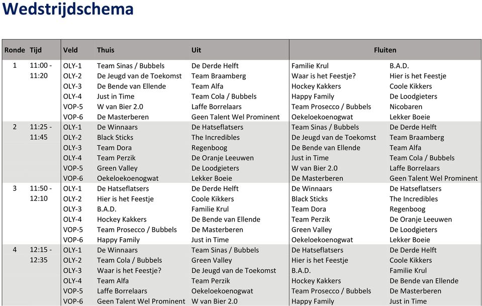 0 Laffe Borrelaars Team Prosecco / Bubbels Nicobaren VOP 6 De Masterberen Geen Talent Wel Prominent Oekeloekoenogwat Lekker Boeie 2 11:25 OLY 1 De Winnaars De Hatseflatsers Team Sinas / Bubbels De