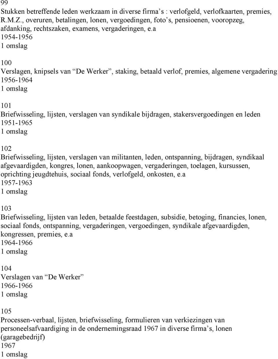 a 1954-1956 100 Verslagen, knipsels van De Werker, staking, betaald verlof, premies, algemene vergadering 1956-1964 101 Briefwisseling, lijsten, verslagen van syndikale bijdragen, stakersvergoedingen