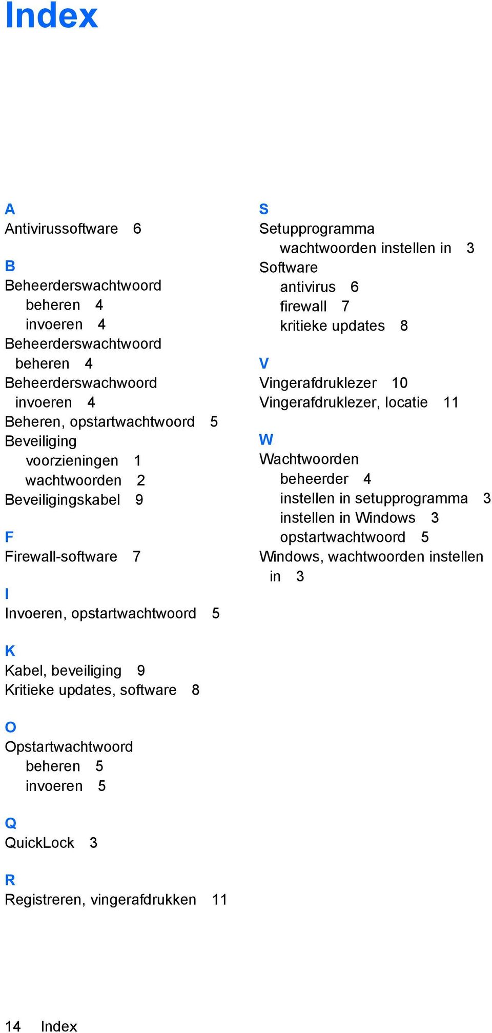 7 kritieke updates 8 V Vingerafdruklezer 10 Vingerafdruklezer, locatie 11 W Wachtwoorden beheerder 4 instellen in setupprogramma 3 instellen in Windows 3 opstartwachtwoord 5